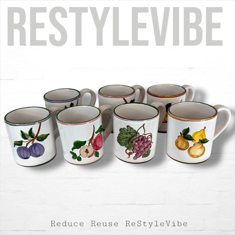 FORTEBRACCIO Set Of 7 Mugs Coffee Italian Ceramic Hand Painted Fruit